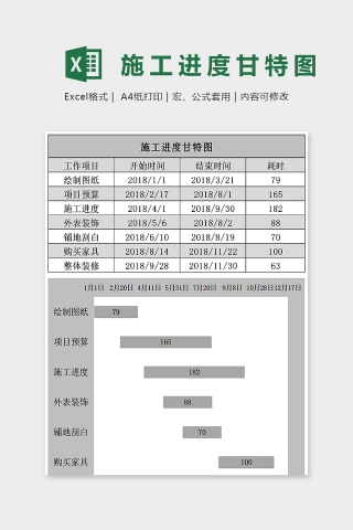 灰色经典项目施工进度计划甘特图excel模板