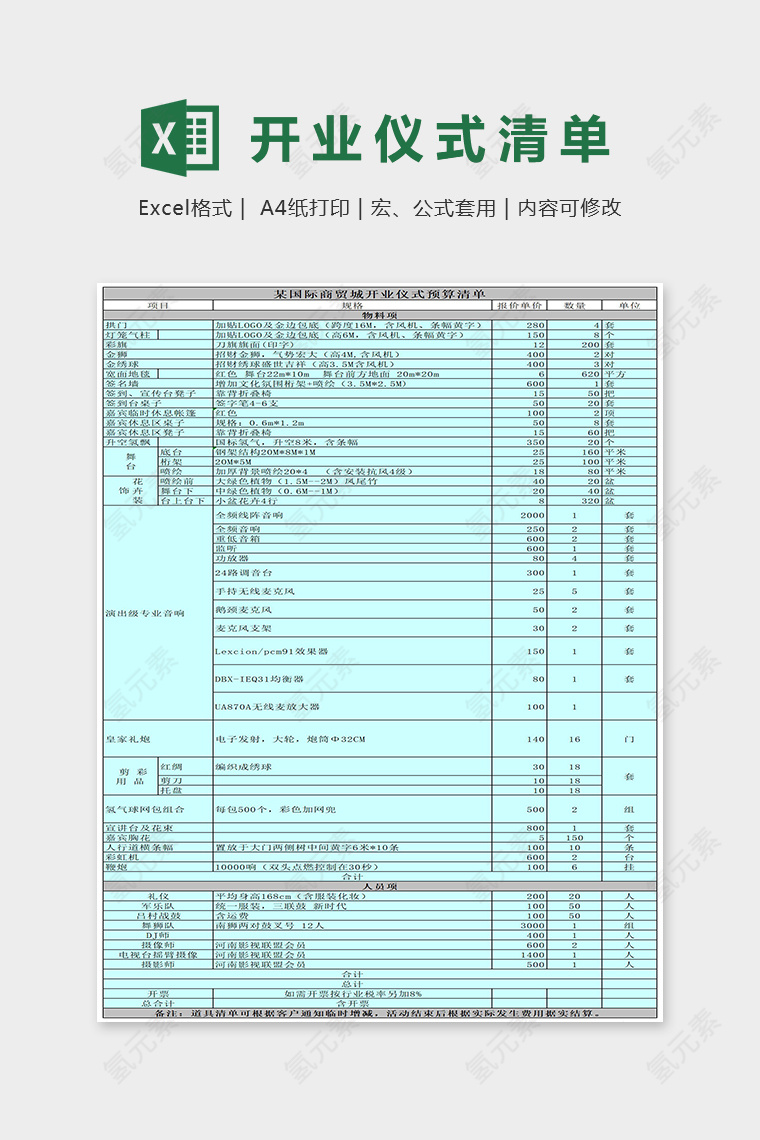 某国际商贸城开业仪式预算清单Excel表格模板