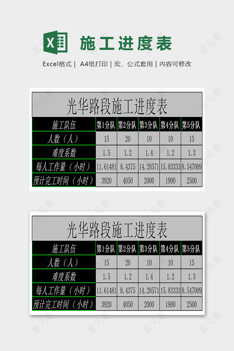 精美商务通用施工进度表Excel