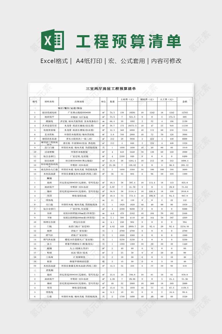 小清新精美工程预算清单表Excel