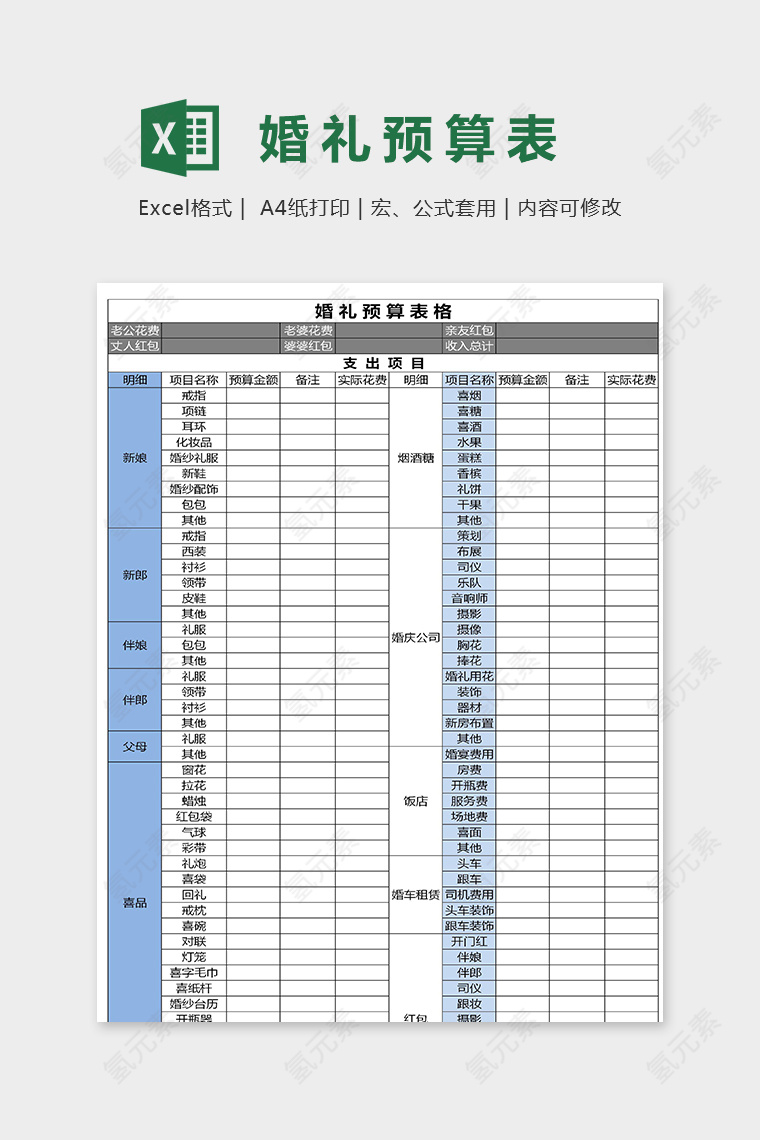 高端详细婚礼预算表excel模版