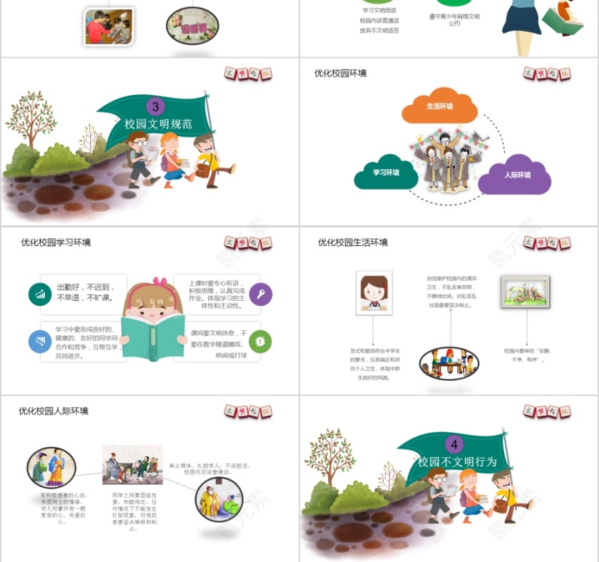 卡通可爱校园文明礼仪介绍ppt模板第3张