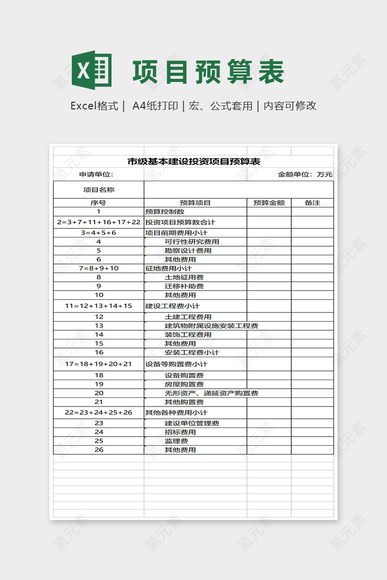 市级基本建设投资项目预算表Excel表格模板