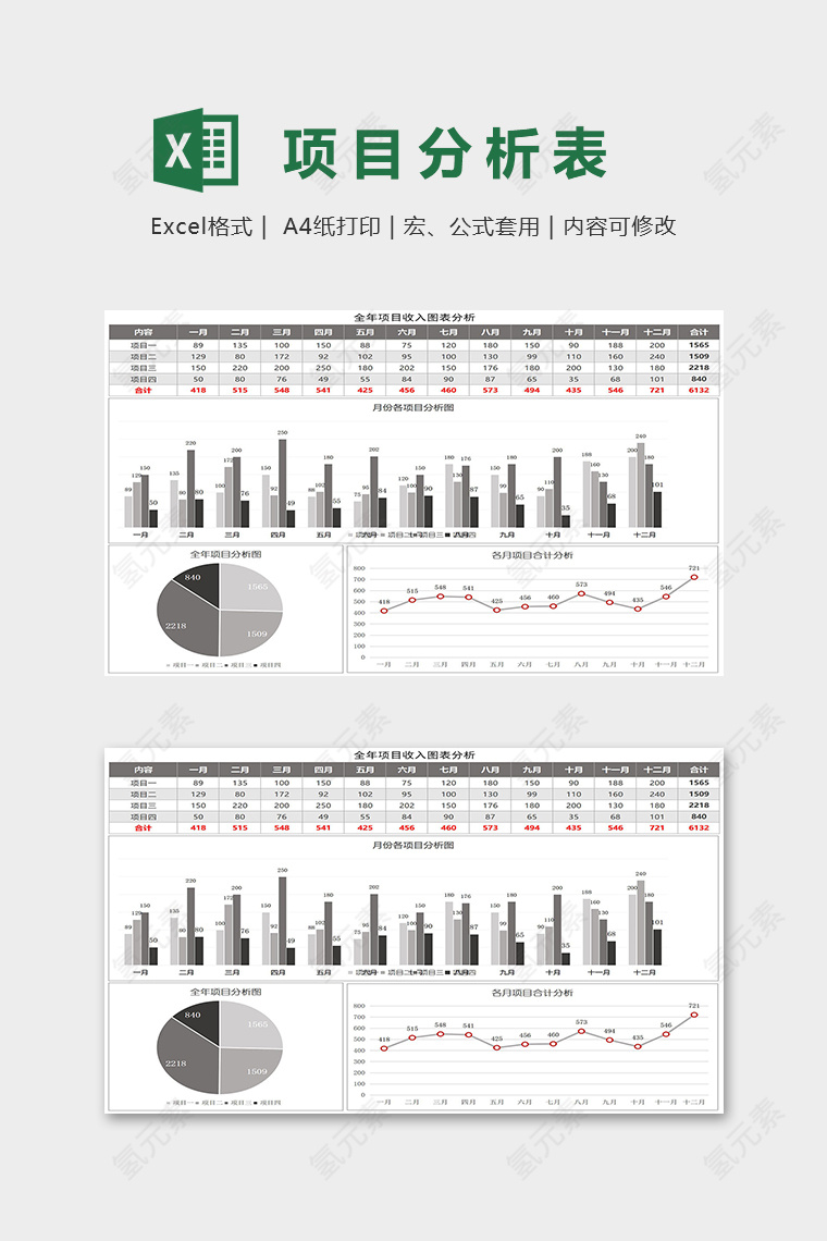 月度年度项目收入支出图表excel模板