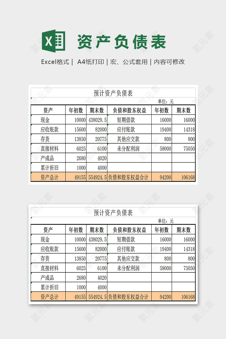 简单大方预计资产明细表Excel