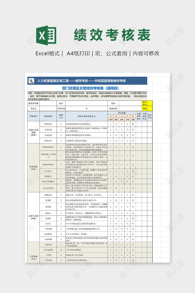 部门经理及主管绩效考核表excel模板