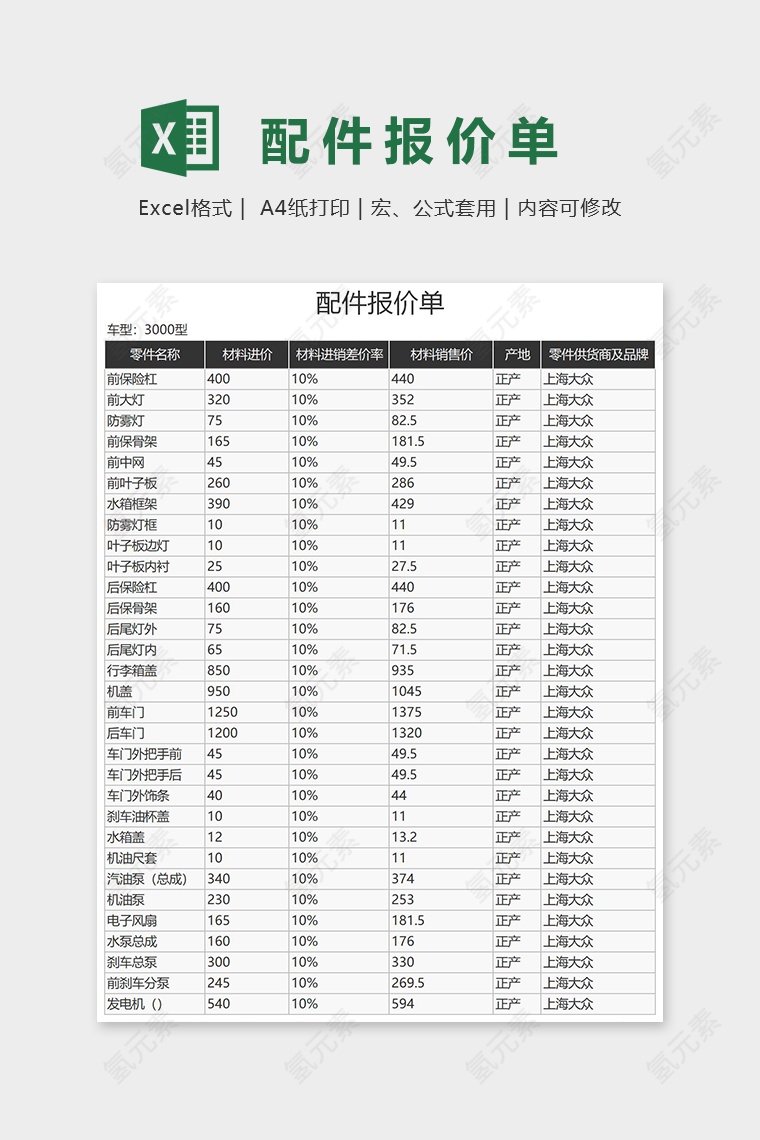 简约大气配件报价表Excel表格模板