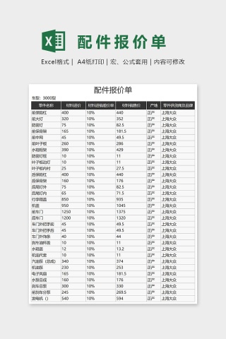 简约大气配件报价表Excel表格模板