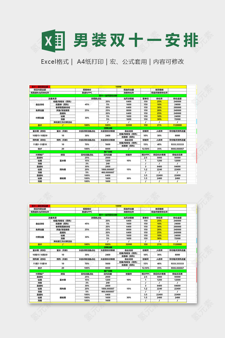 网店男装双十一工作安排excel模板