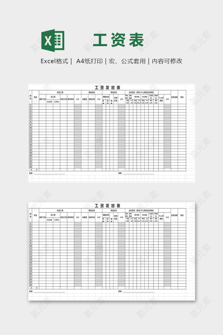 单位公司实用工资发放表excel模版