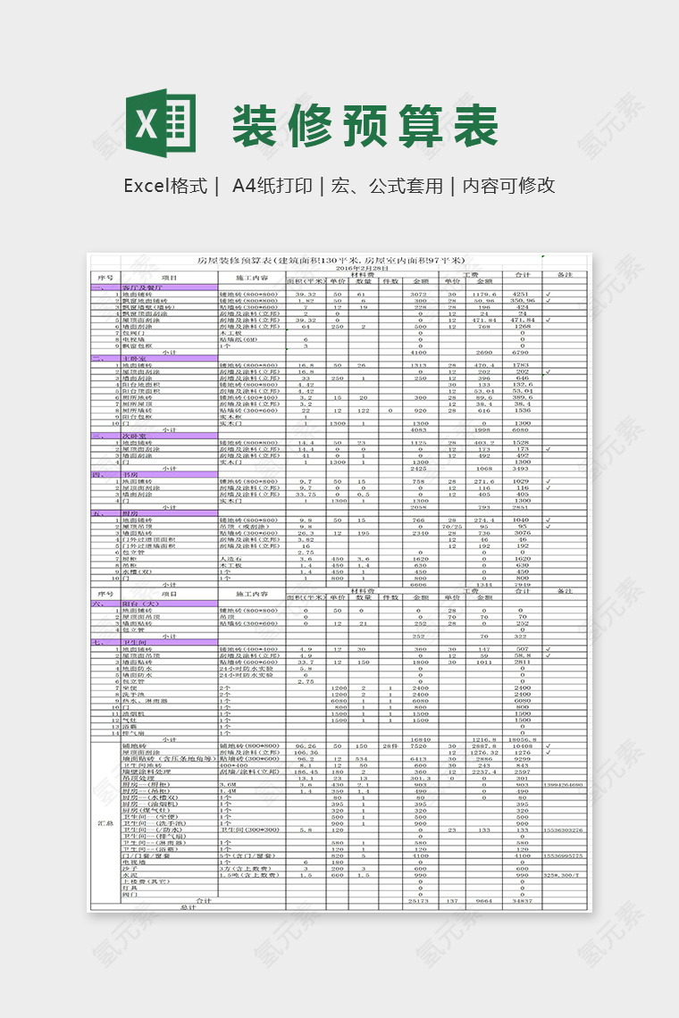 小清新详细装修预算表Excel