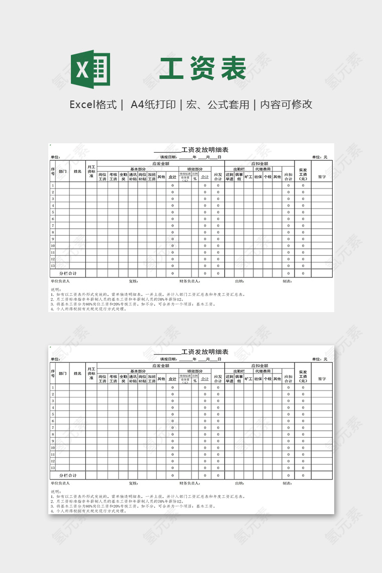 公司财务部门工资条表格excel模版