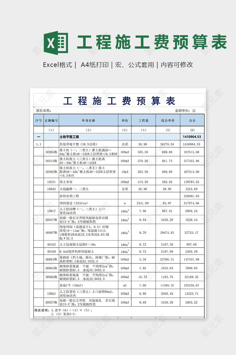 专业详细工程施工费用预算表模版