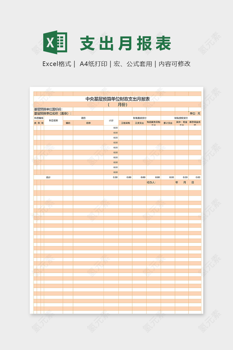 预算单位财政支出月报表excel模板