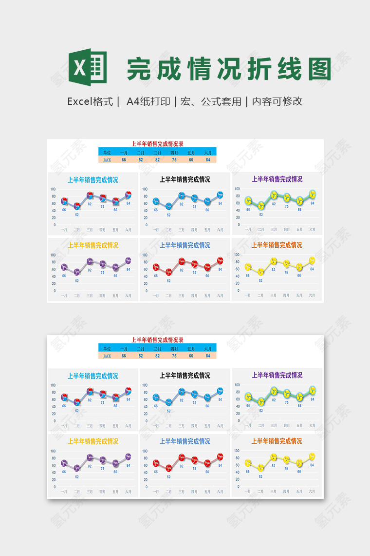 上半年销售完成情况表折线图excel模板