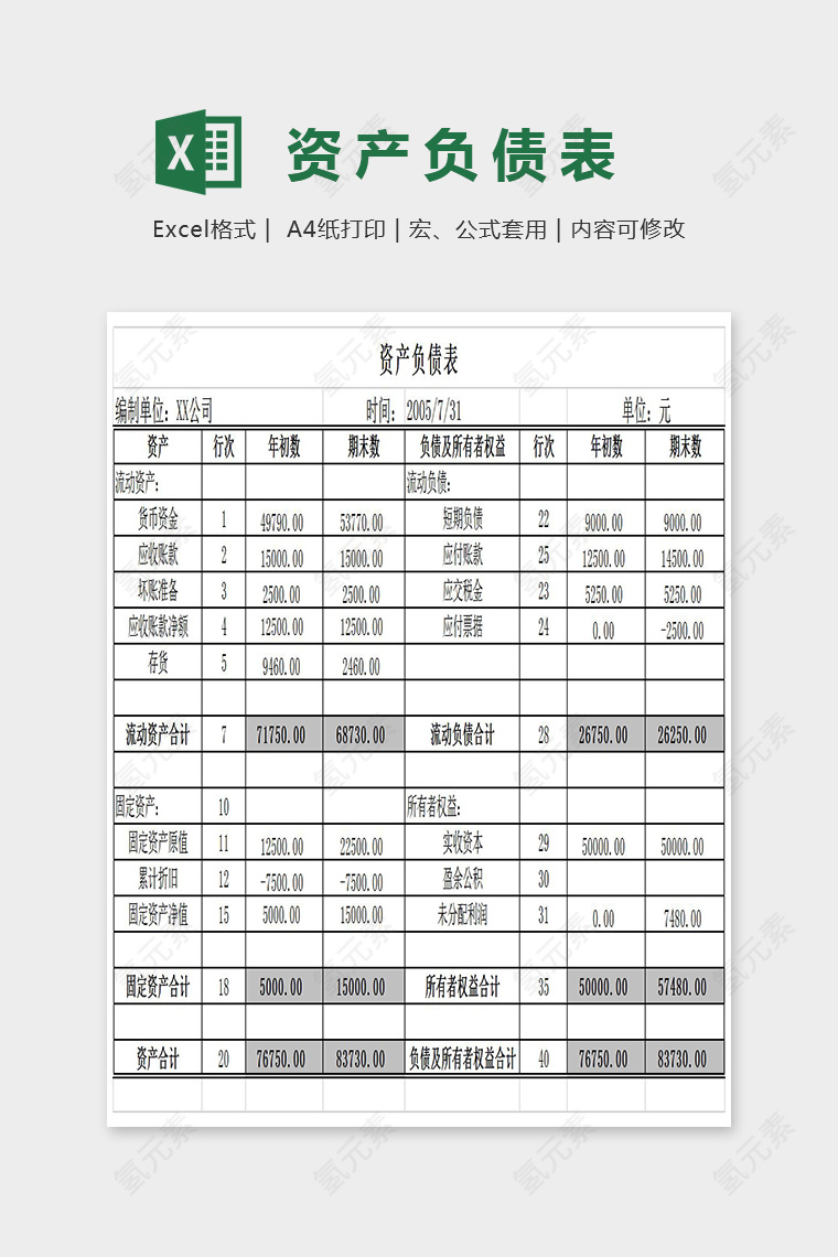 简单大方数据统计负债表Excel