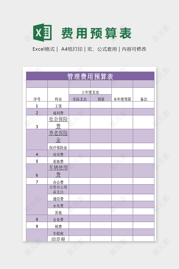 管理成本费用预算表excel模板