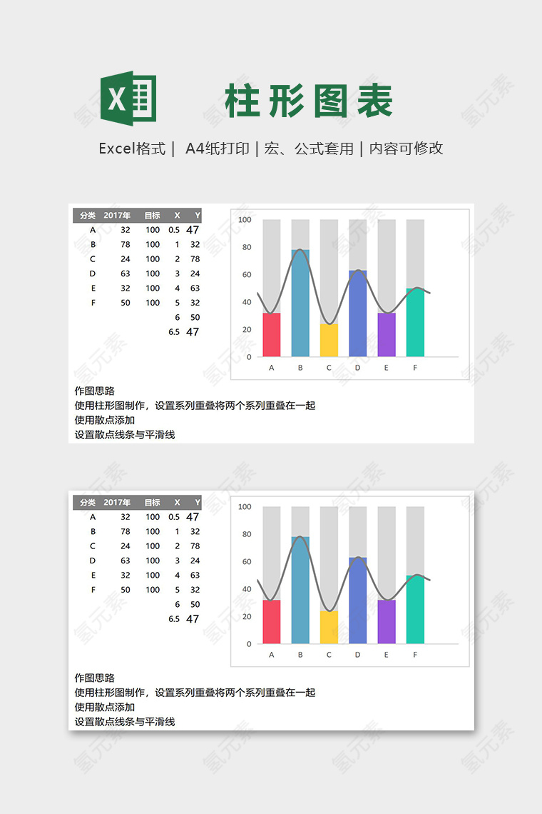 创意清新产品销售目标多彩柱形图excel模板