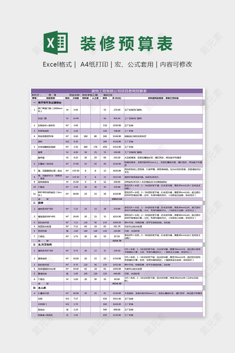 简单大方财务装修预算表Excel