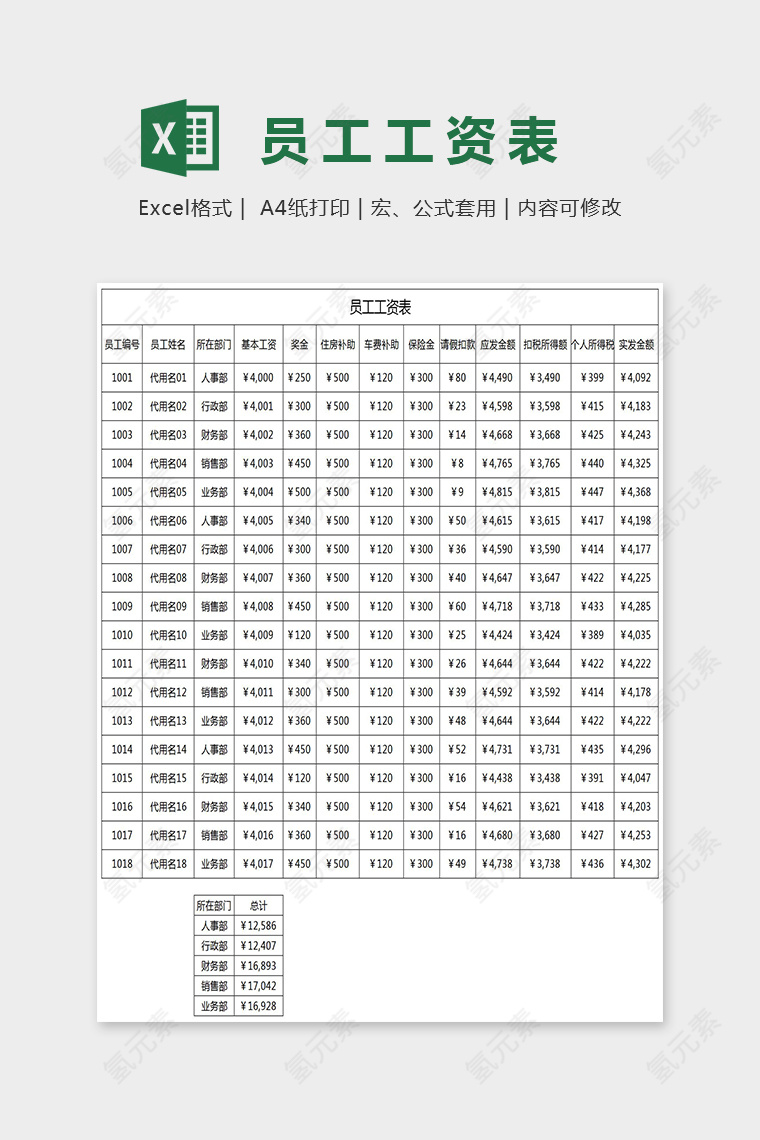 简单通用精美员工工资表Excel