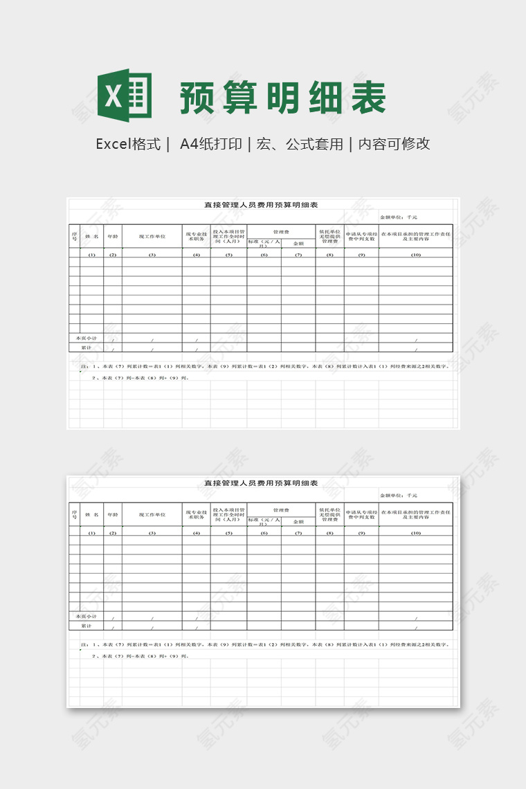 直接管理人员费用预算明细表excel模板