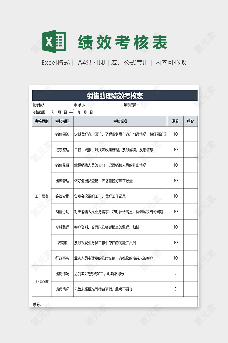 销售助理绩效考核表excel模板