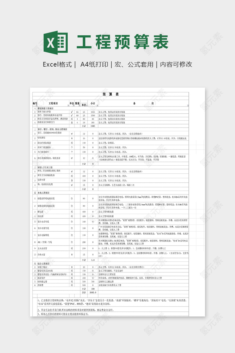 专业直观工程预算表明细模版