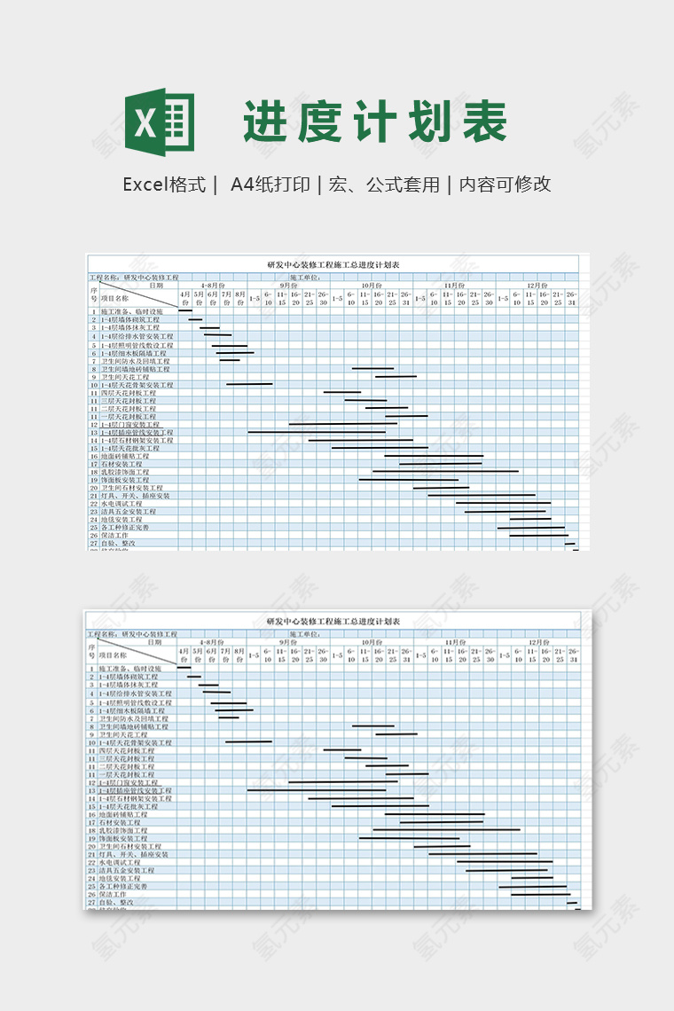 研发中心装修工程施工总进度计划表excel模板