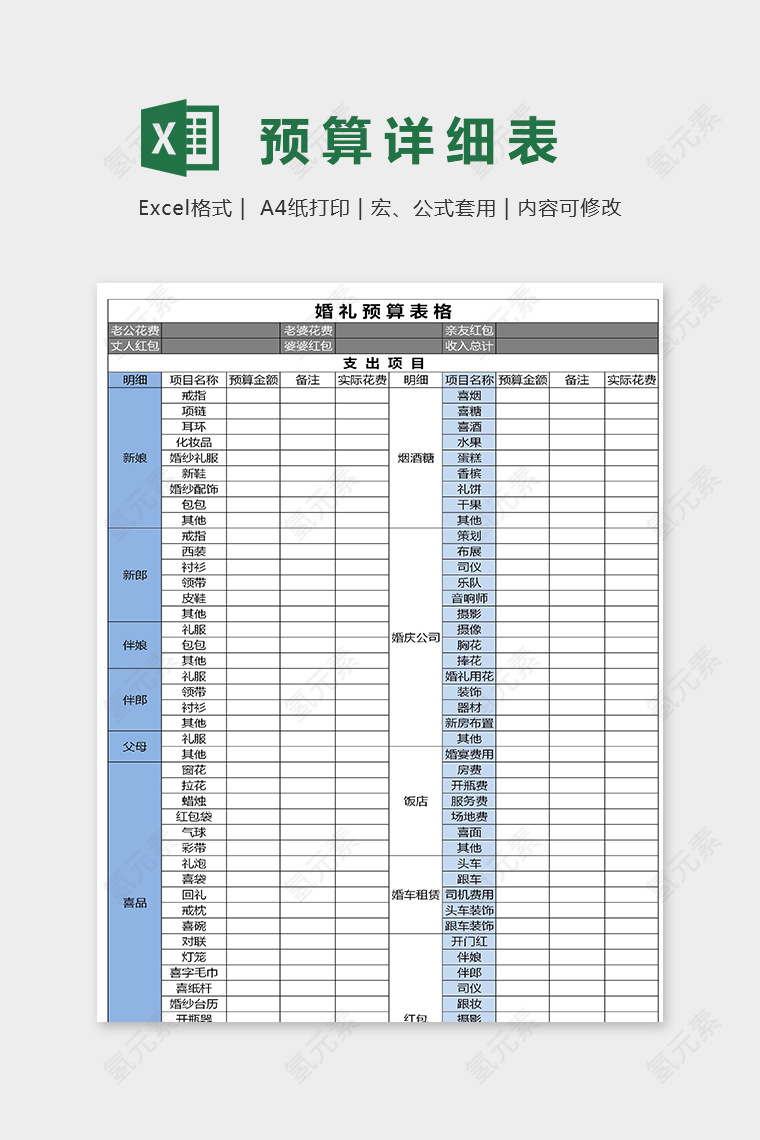 专业婚礼筹备预算详细表excel模板