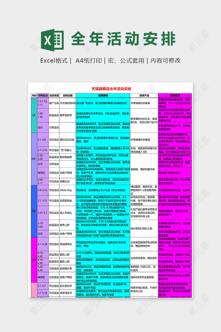 店铺服饰类全年活动安排运营规划excel模板