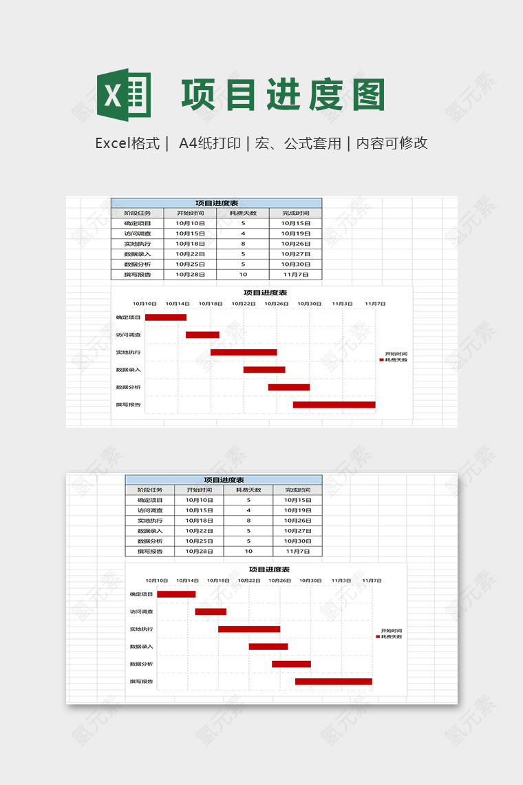 极简蓝红风格项目进度计划表excel模板