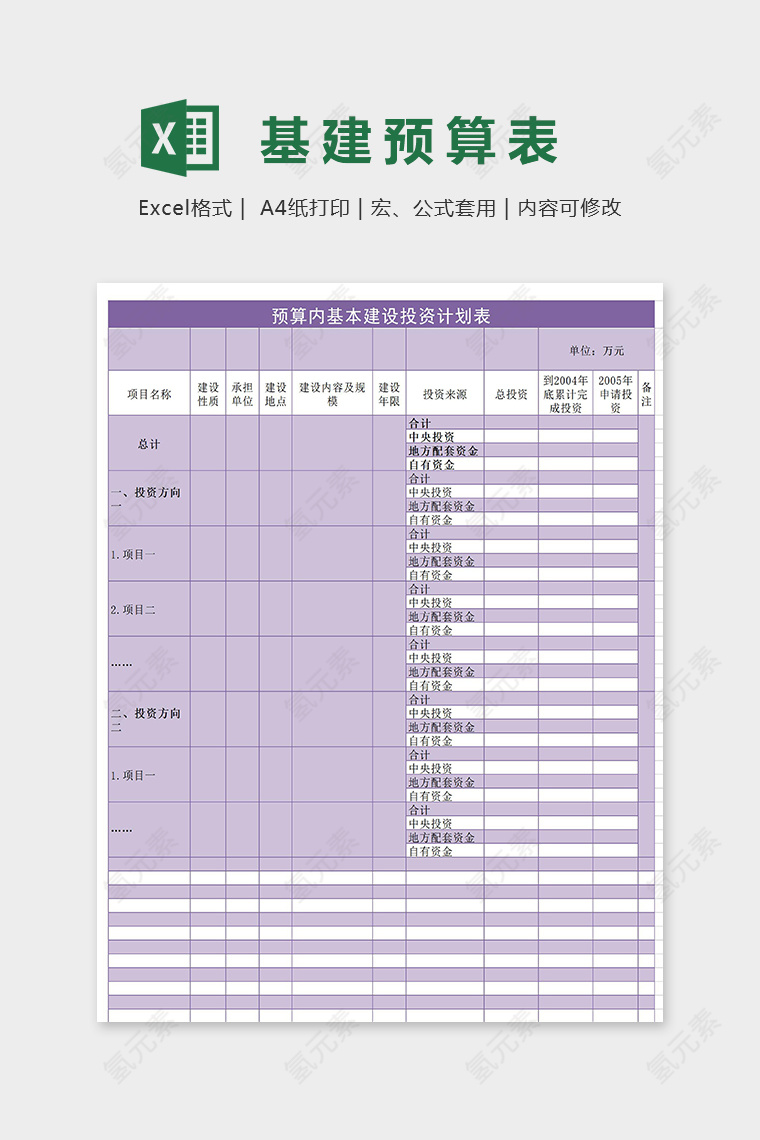 预算内基本建设投资计划表excel模板