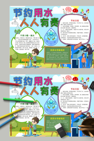 清新简约卡通节约用水人人有责小报模板