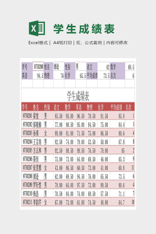 简单双色学生成绩表Excel