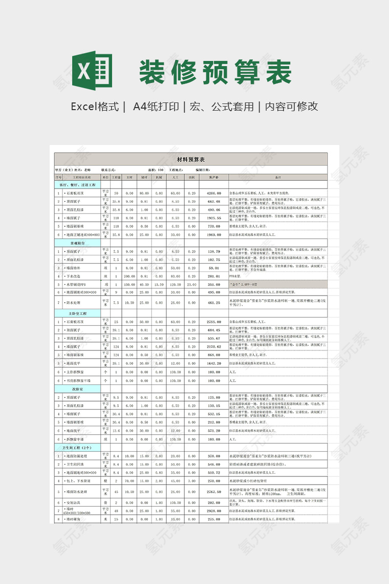 100平米全包预算表详细模版