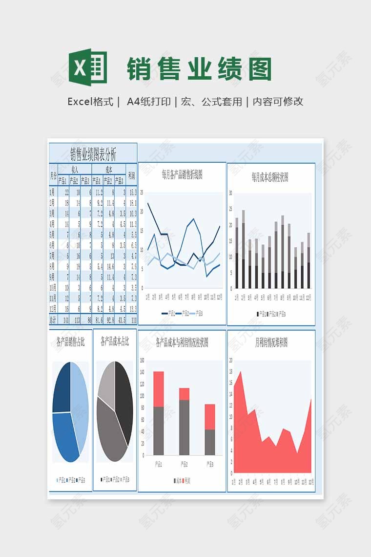 精美大方组合销售业绩图Excel