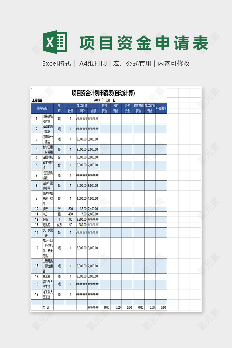 项目资金申请表Excel表格模板