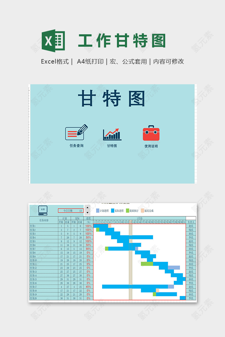 高级公式自动化工作进度甘特图系统excel模板