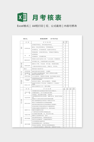 幼儿园教师教学效果月考核表excel模板