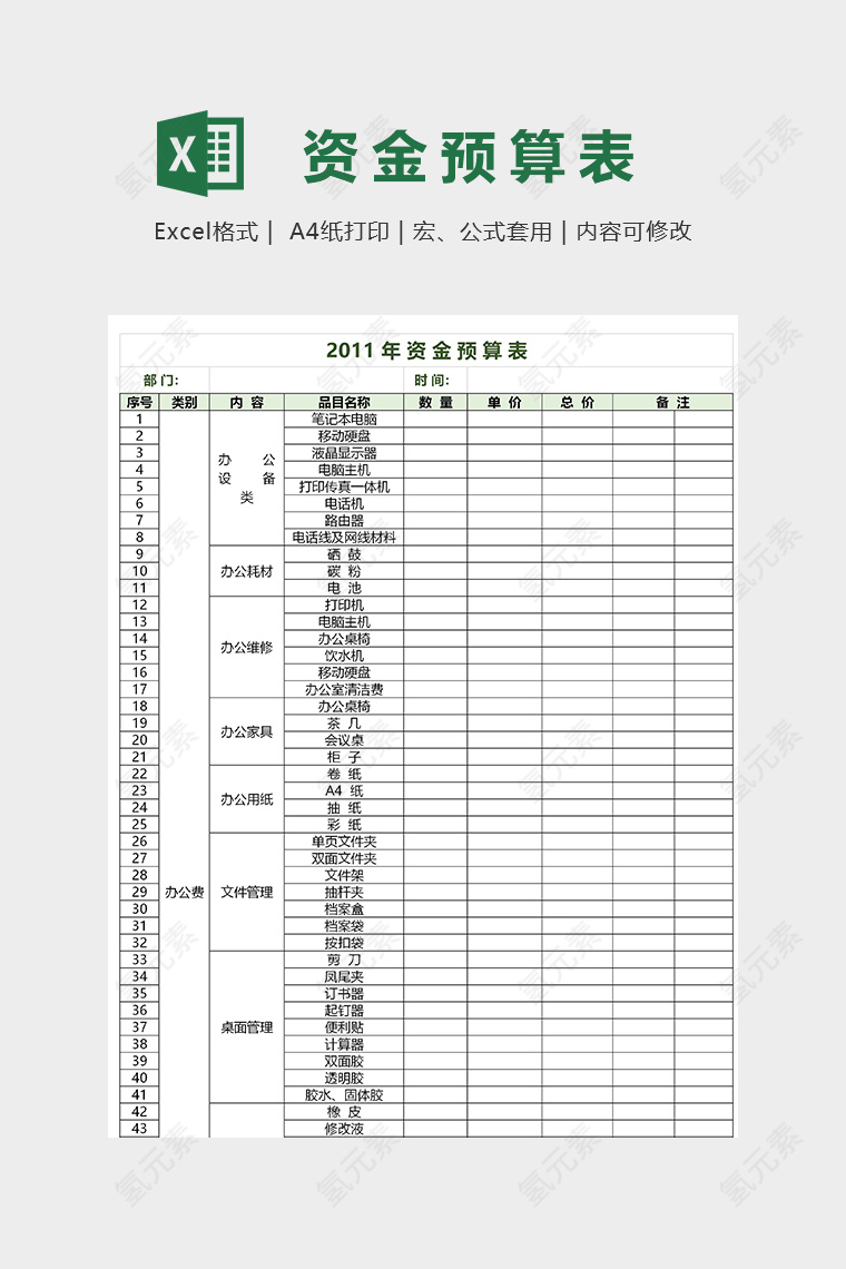 办公费用预算表格模版