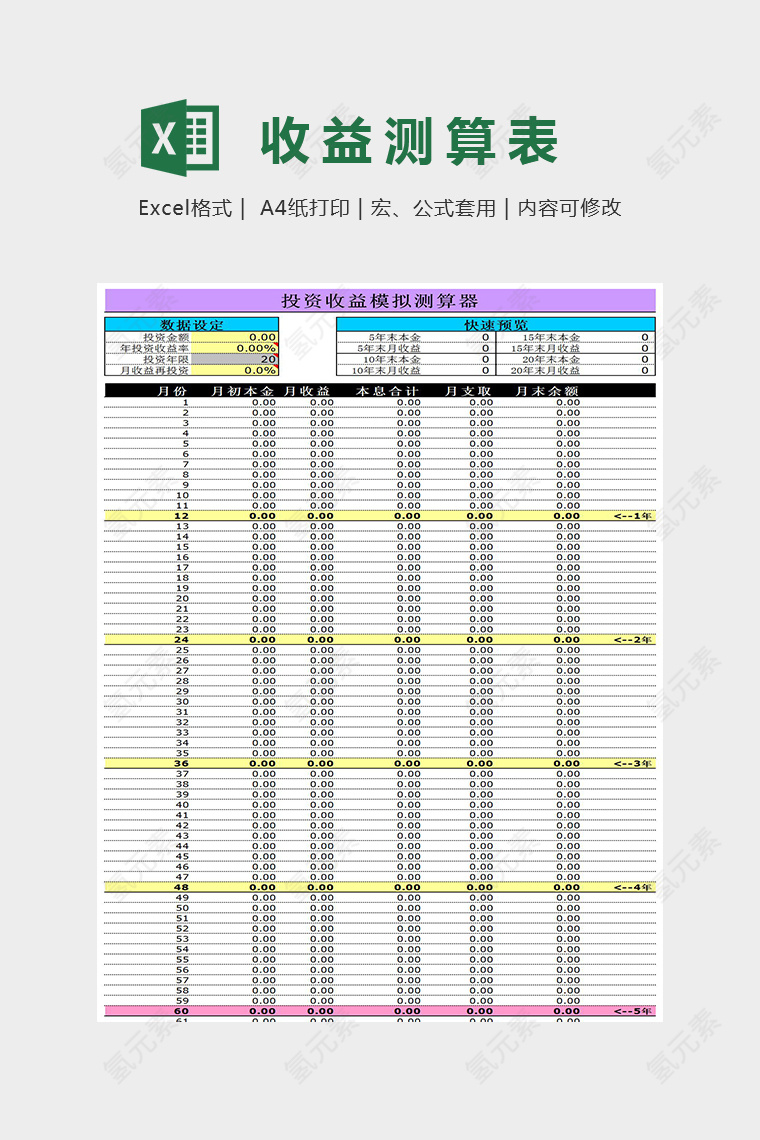 投资收益模拟测算器Excel