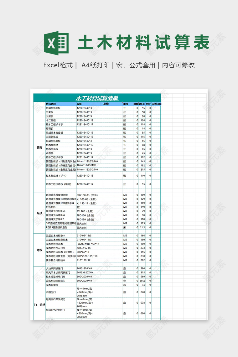 专业木工材料试算清单模版