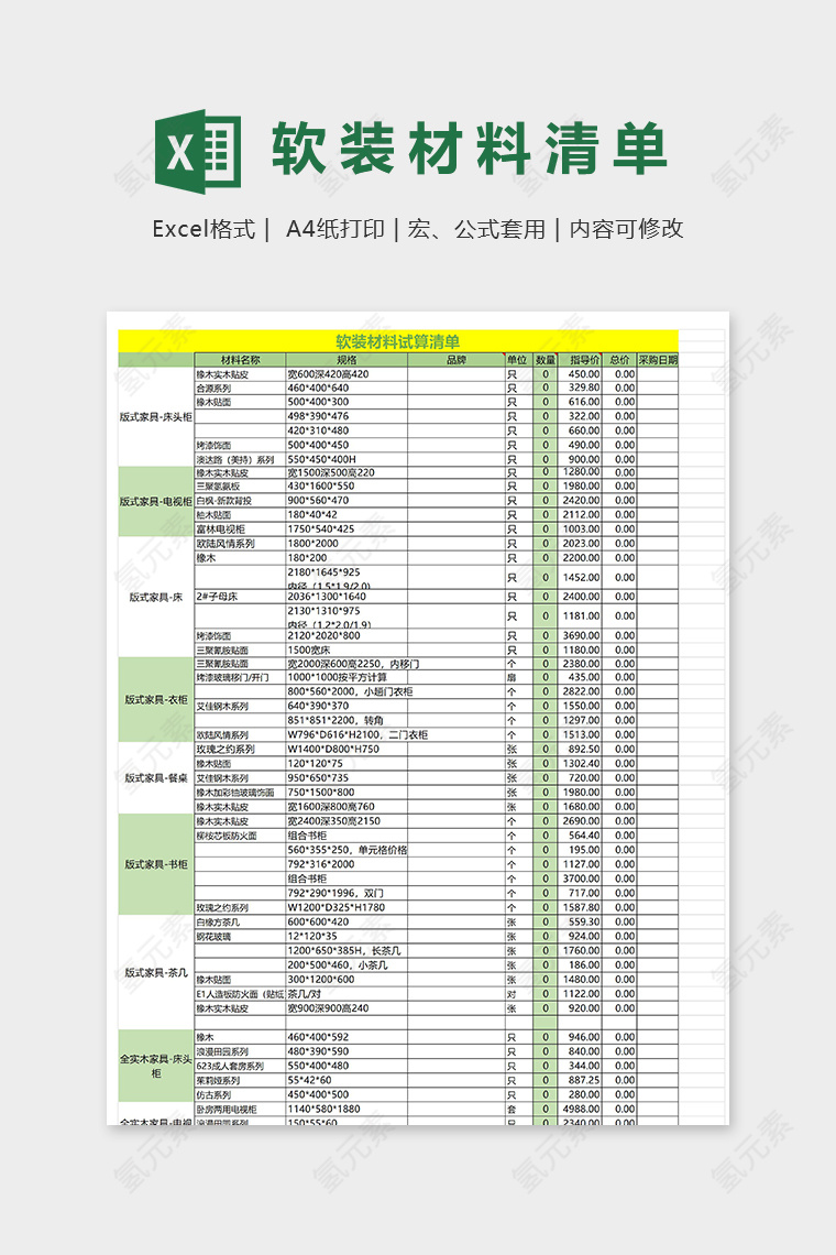 装修工程软装材料试算清单模版