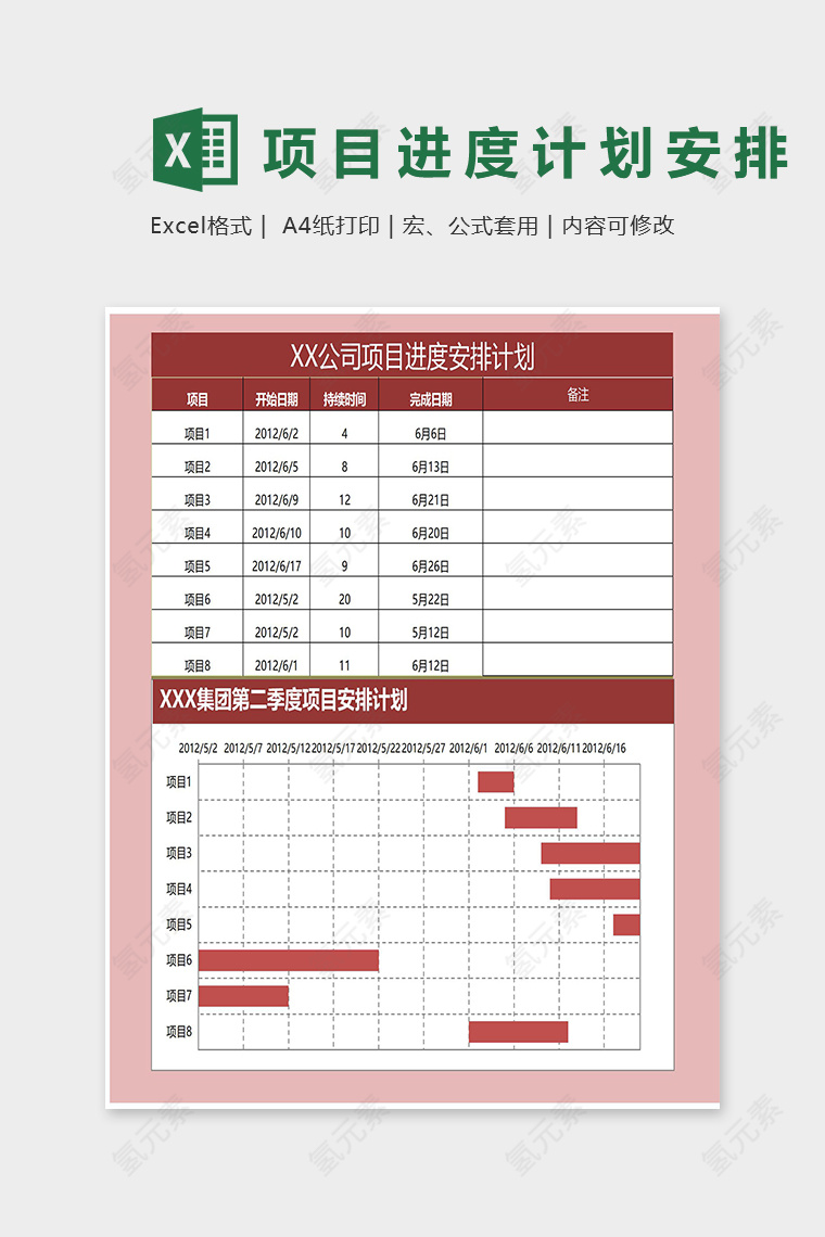 公司集团季度项目安排计划表excel模板