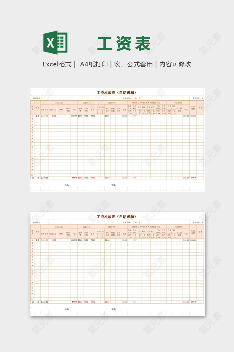 专业公司工资发放表自动求和excel模板