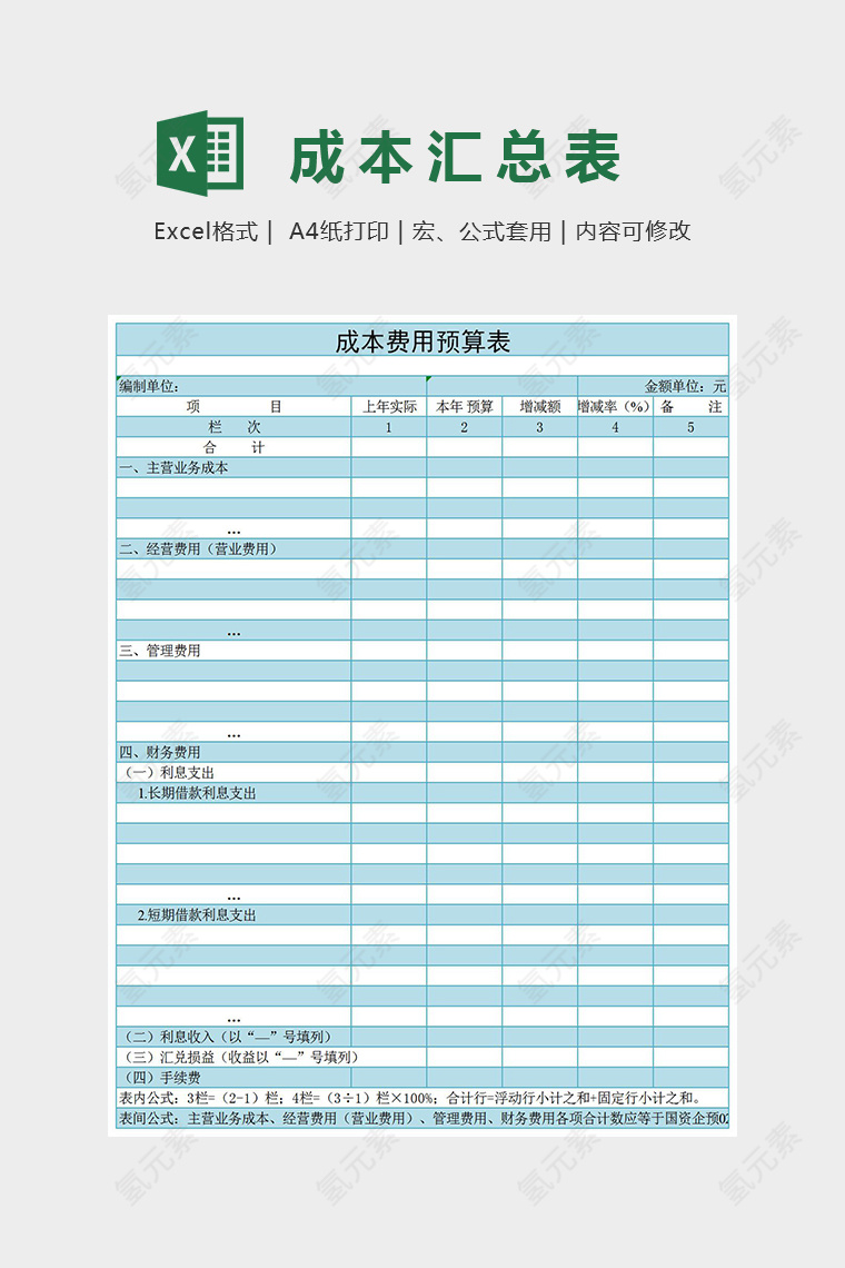 项目年度成本费用预算表格Excel