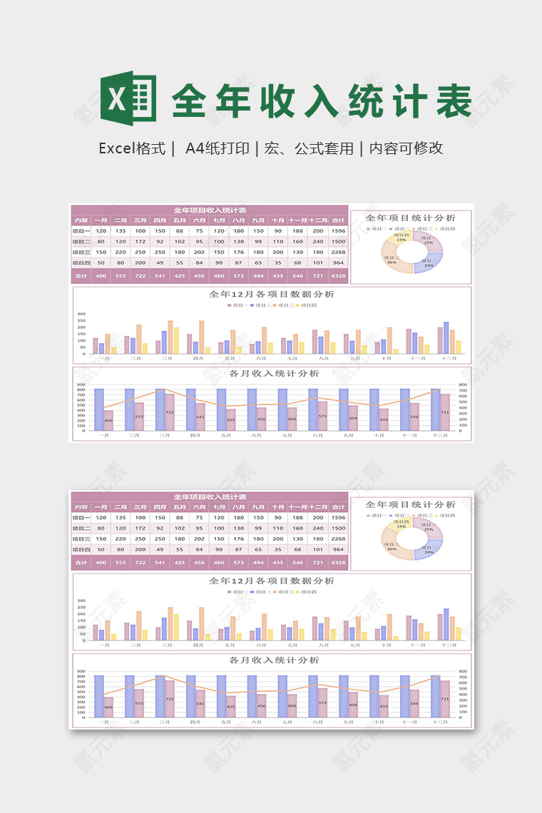 粉色格调全年项目收入统计表