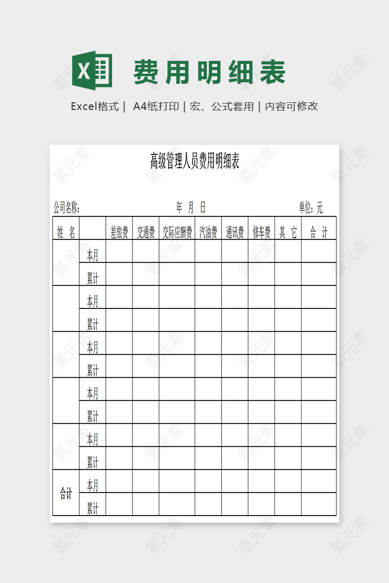 人员费用明细表excel 模板