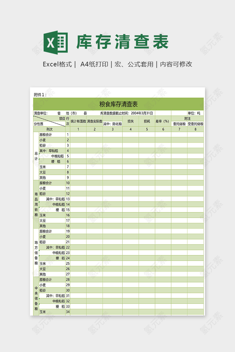 专业粮食库存清查表模版