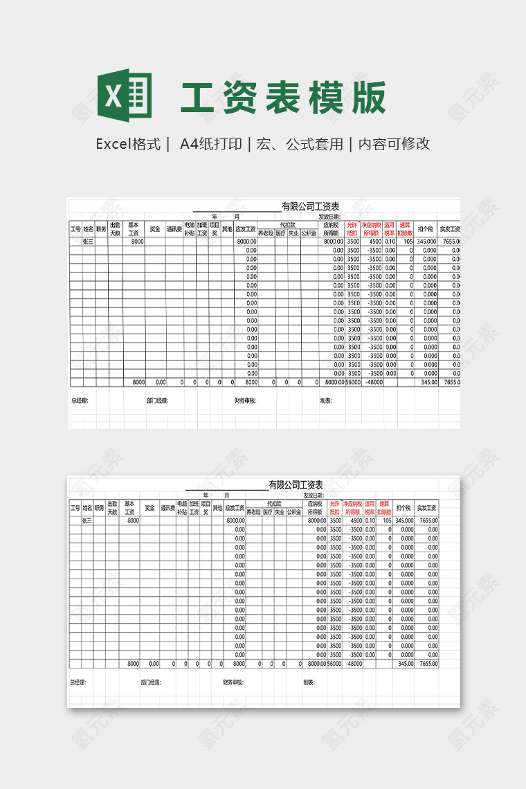 标准工资表模版